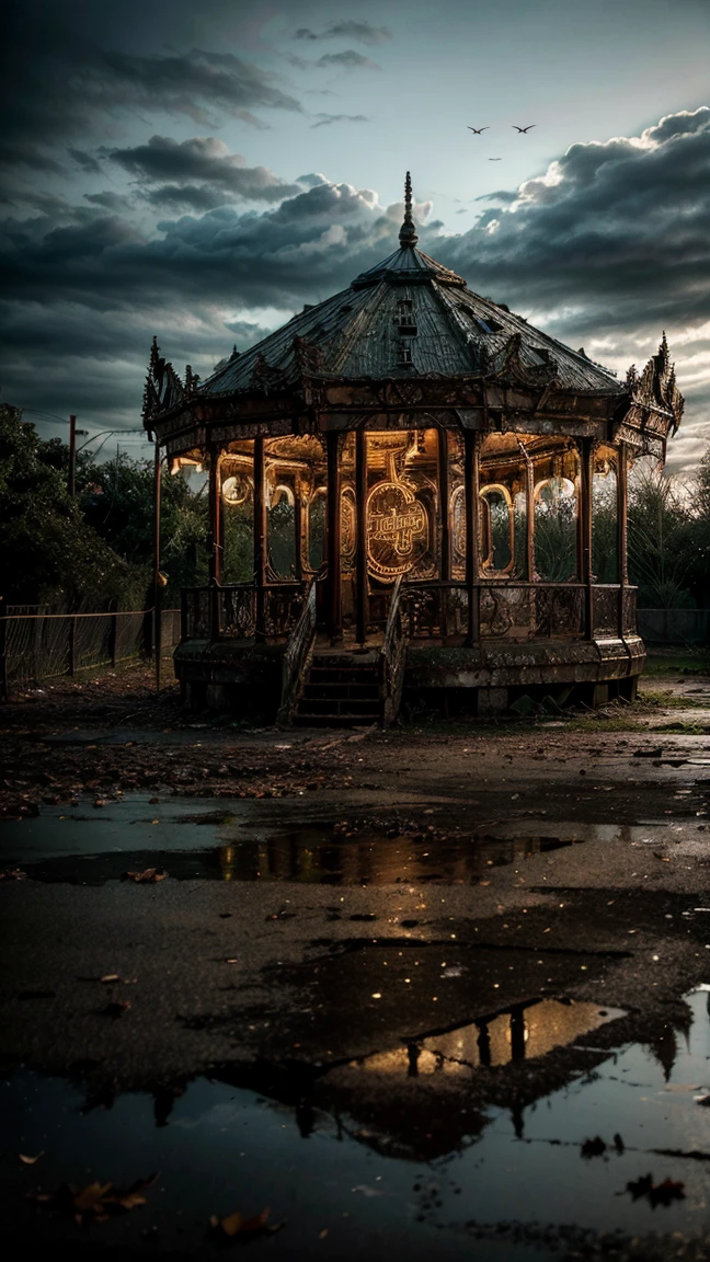 a dilapidated abandoned amusement park, rusted and broken rides, decrepit carousel horses, flickering lights, fallen autumn leaves,(best quality,4k,8k,highres,masterpiece:1.2),ultra-detailed,(realistic,photorealistic,photo-realistic:1.37),dark,moody,atmospheric,eerie,haunting,cinematic,dramatic lighting,muted colors,gloomy,overgrown,derelict,decaying,forgotten,melancholy