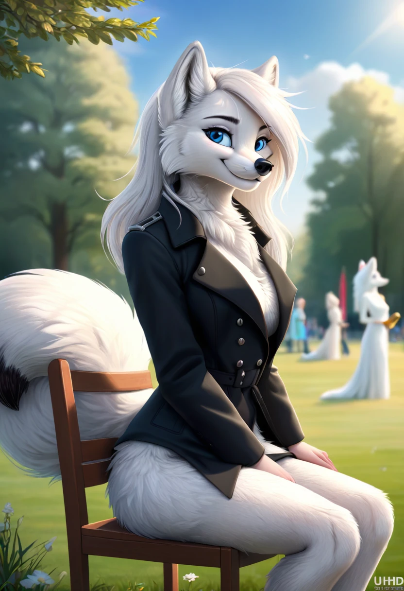 Hairy Women, arctic fox, mammal, A beautiful furry fox girl,In the park,Sit on a chair, She looks at the audience and smiles, She wears a black trench coat, looking off to the side, Field of view, sky空, sky, Beautiful blue eyes, Award-winning illustrations|Popular on ArtStation, masterpiece|highly detailed|best quality|HD|8K|uHD|intricate details|extreme_detail