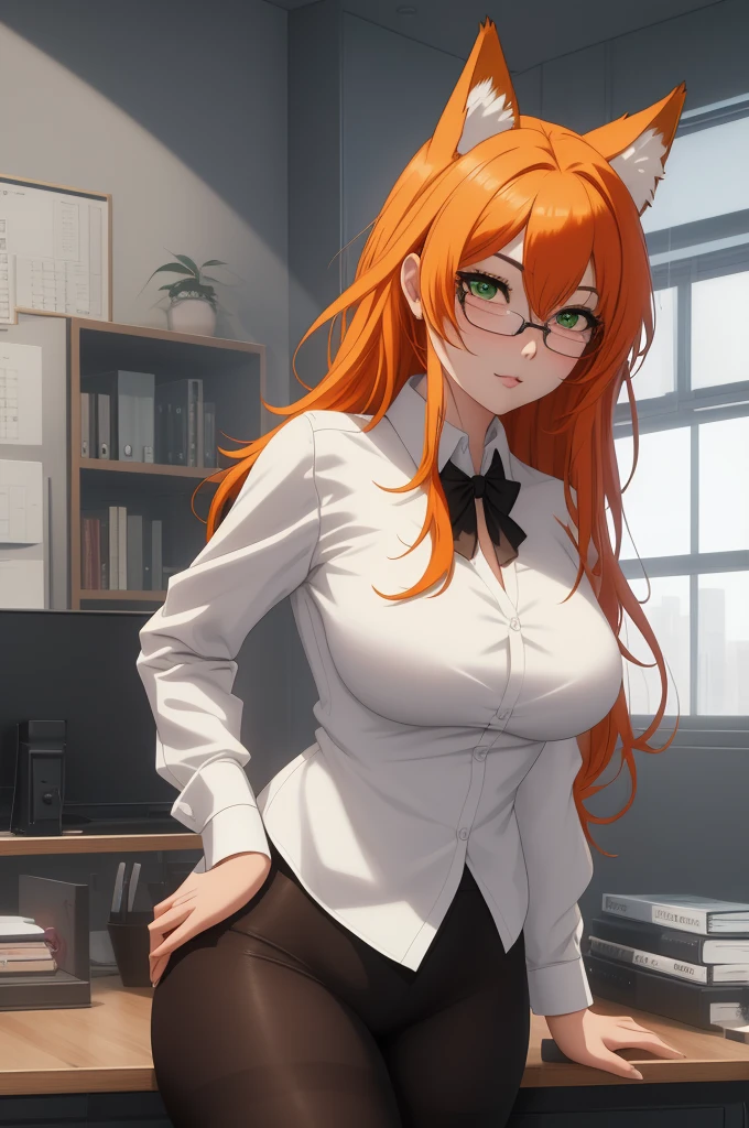 (masterpiece, Best quality), 8K, ultra detailed, realistic photo, Detailed face, perfect lighting, green eyes, bright orange hair, bright hair, fox ears, nice legs, side photo, beautiful, Cute, skin pores, 1 girl, perfect shirt, fully dressed, beautiful women 30 years old, Beautiful proportions, Russian woman, Caucasian, European, Business lady, stunningly beautiful woman, mother, thick legs, show ass, big breasts, (Thin white shirt:1.4), thick, hot, (White Office Wear:1.4), tight pants, (wide hips:1.2), thick, (white Office pants:1.3), spread your legs, Legs open, full length, wide hips, Glasses, with long orange hair, standing on the beach near the ocean, green eyes detailed digital anime art, cat ear, anime girl with long hair, гладкое аниме cg art, anime girl with long hair, digital anime art, work in Guweiz style, Beautiful anime portrait, Photorealistic render of an anime girl, pantyhose, Beautiful anime girl, advanced digital anime art, guweiz на artstation pixiv HD UHD HQ