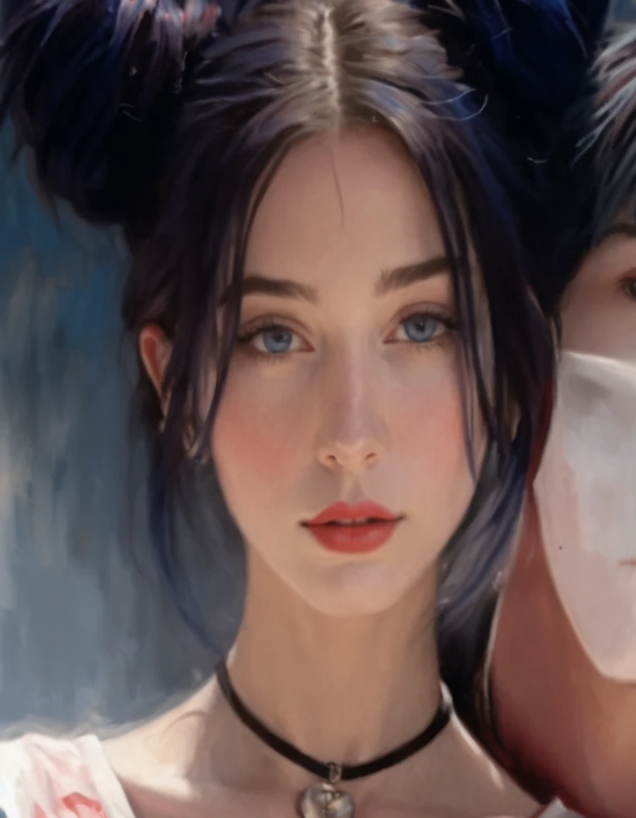 Realistic portrait, blue hair, Red background