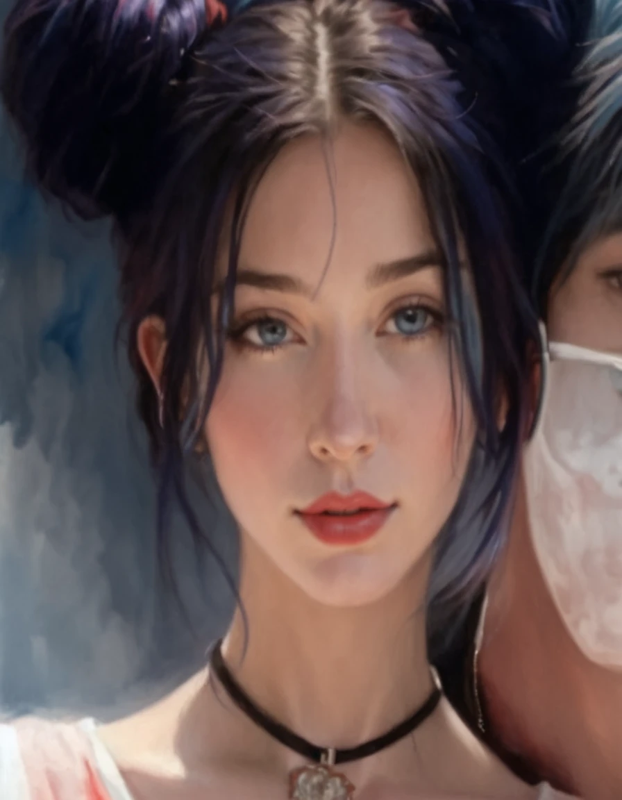 Realistic portrait, blue hair, Red background 