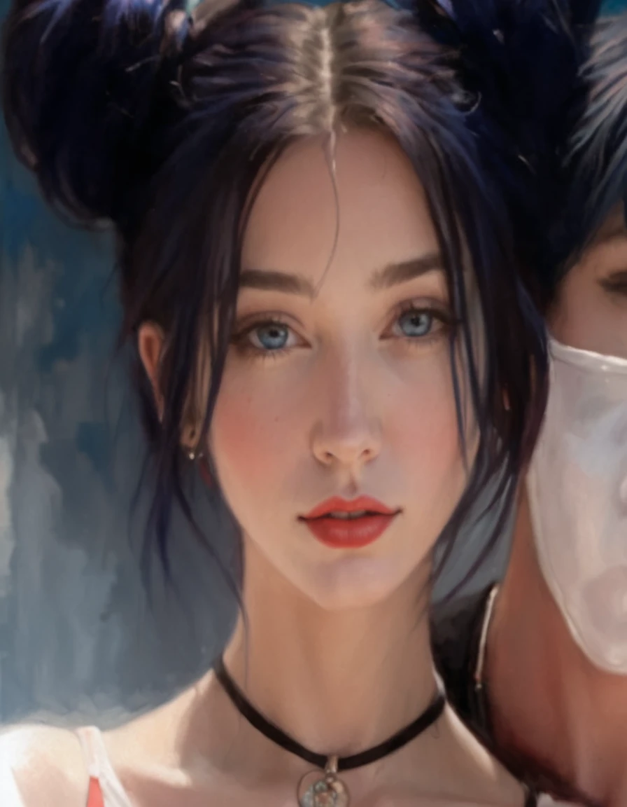 Realistic portrait, blue hair, Red background 