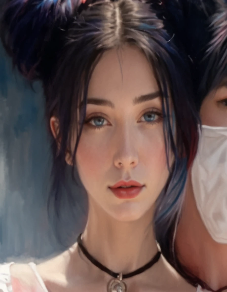 Realistic portrait, blue hair, Red background