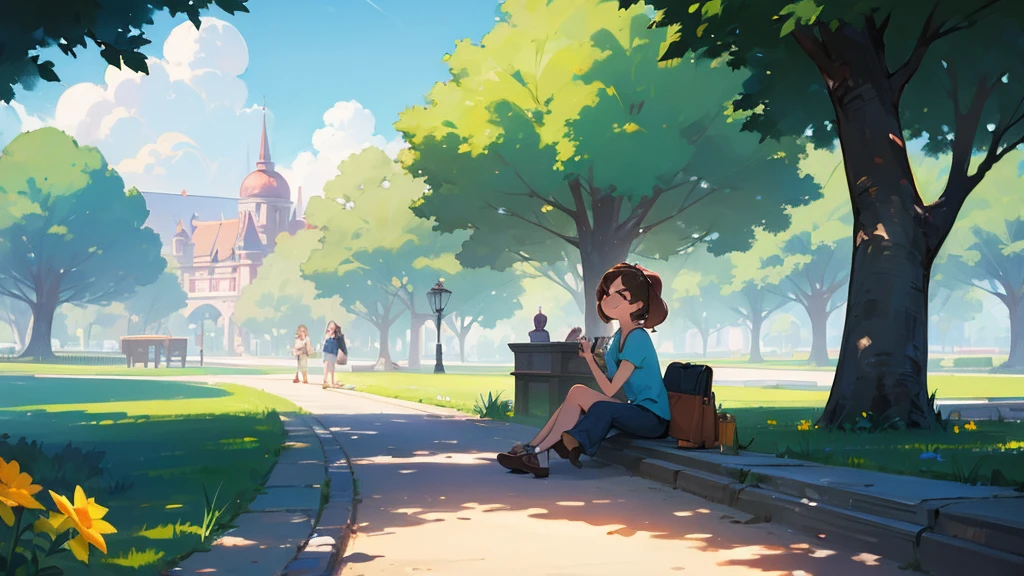 A beautiful day in the park, sunny day. style pixar