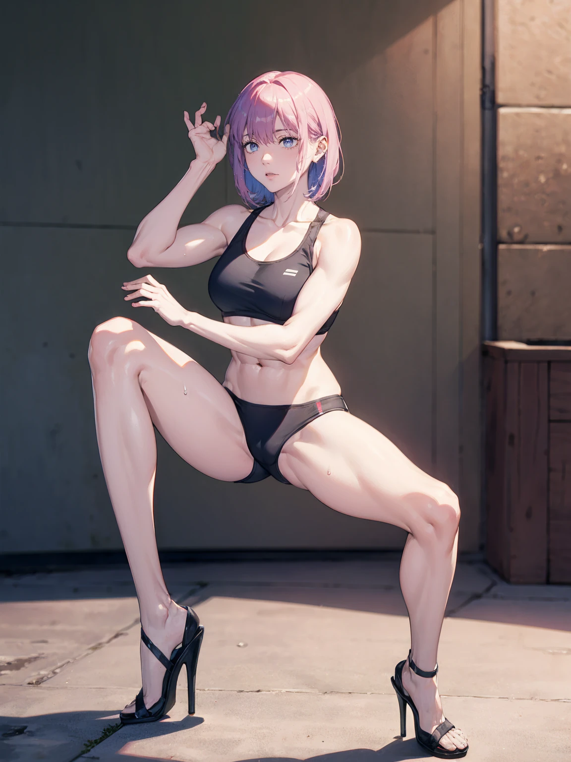 (Sweat:1.2, White skin:1.5、Grey sports bra)Surreal Japanese Portraits,, Ron Mueck, Richard Estes, Marilyn Minter、Purple and blue gradation eyes enveloped in the mystery of the universe,、Perfect lighting, (Perfect hands, Perfect Anatomy)、whole body(1:2)、(White skin:1.5、Muscular arms)、Excellent style,Complete body balance、Dynamic Acid Pose(1:2)、(16:Specializing in aspect ratio tiletto heels