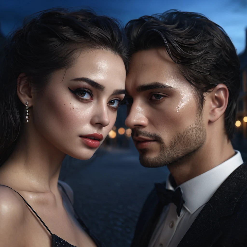 8 k, Best quality, masterpiece, Ultra high resolution, (Realism: 1.4), original photo, (realistic skin texture: 1.3), (Granularity: 1.3), girl and guy dark style couple in love face details, masterpiece, Best quality, look at the viewer at night