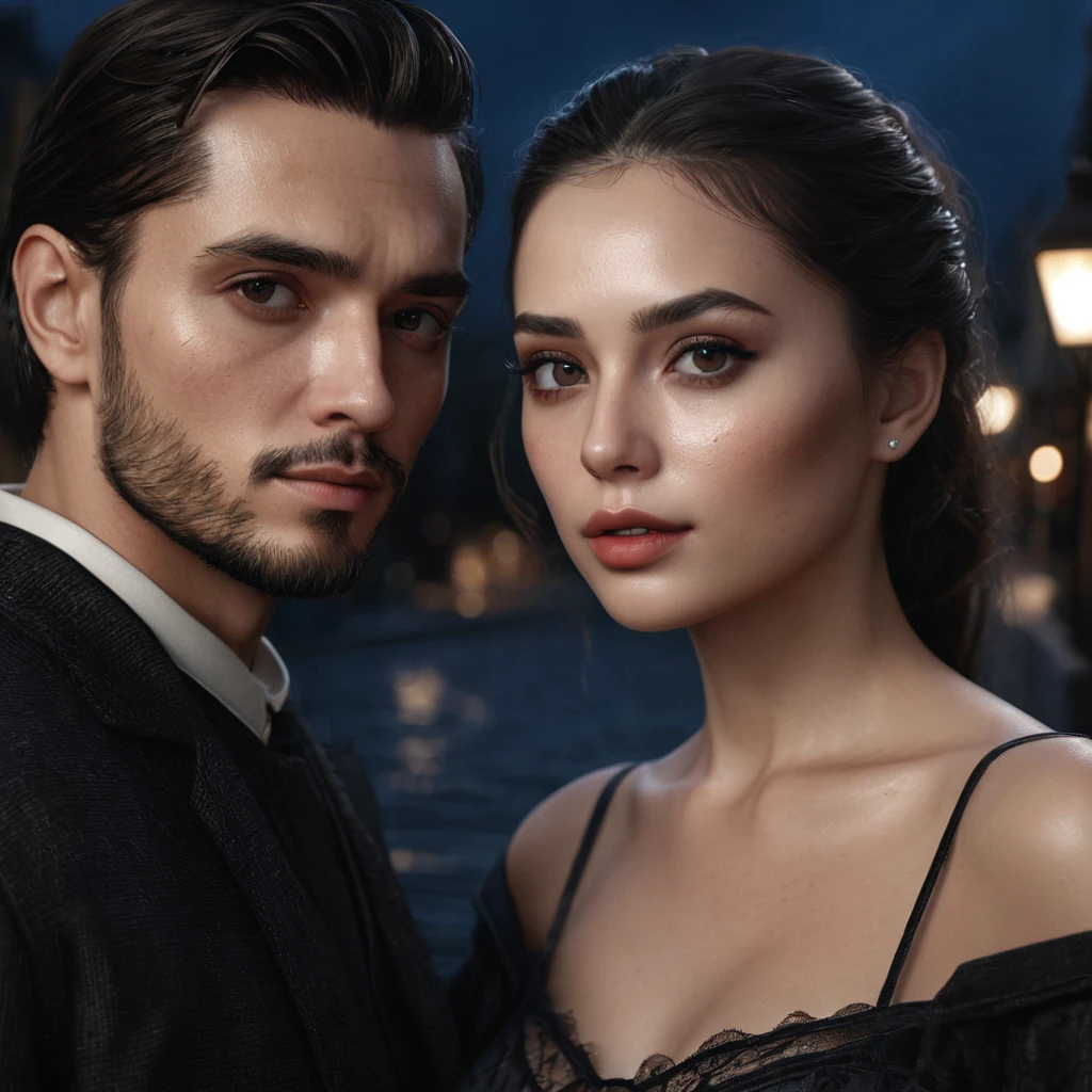 8 k, Best quality, masterpiece, Ultra high resolution, (Realism: 1.4), original photo, (realistic skin texture: 1.3), (Granularity: 1.3), girl and guy dark style couple in love face details, masterpiece, Best quality, look at the viewer at night