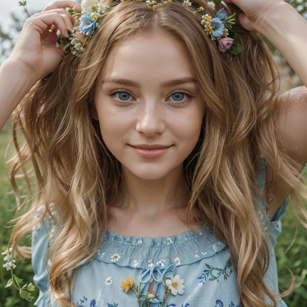 belle blonde dans un champ de fleurs sauvages, (wearing a floral dress, souriant joyeusement et cueillant des fleurs avec une couronne de fleurs sur la tête.), very detailed, 21 ans, visage innocent, natural wavy hair, blue eye, high resolution, head of&#39;artwork, best quality, intricate details, very detailed, sharpness, detailed skin, realistic skin texture, texture, detailed eyes, professionnel, 4K, charming smile, shot with Canon, 85mm, shallow depth of field, Kodak Vision Color, corps parfaitement ajusté, extremely detailed, Photo_\(ultra\), photorealistic, realistic, Post-traitement, Maximum details, roughness, real life, ultra realistic, photorealism, la photographie, 8k uh, la photographie