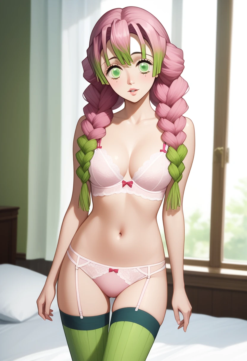 Mitsuri in demon slayer anime, 1woman, at bed, wearing a sexy lingerie , mitsuri's hair style, 8k, high detailed, high quality