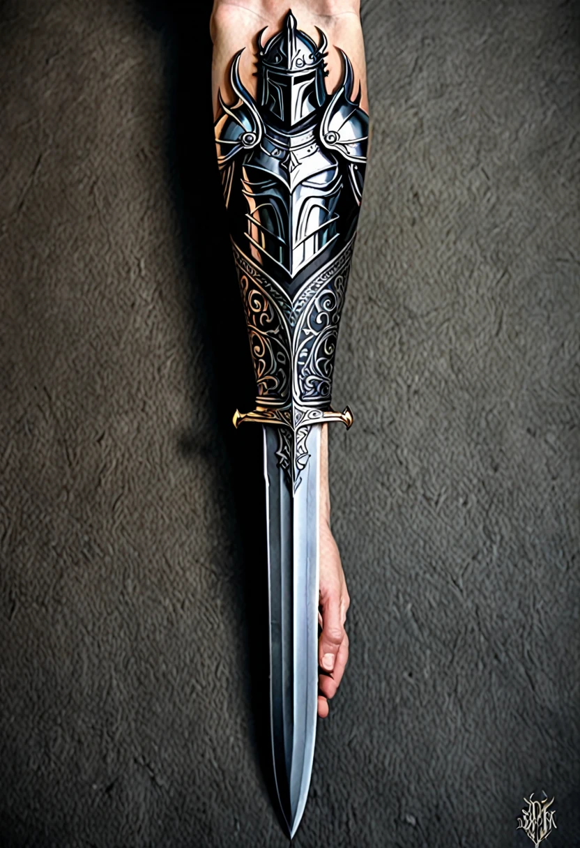 Imagine a tattoo on your arm, portraying a perjurer paladin. The design occupies the entire forearm, starting at the wrist and extending to the elbow.
At the top, close to the elbow, is the paladin's face, half covered by helmet, with dark and empty eyes, betraying the corruption of your soul. Fine details show cracks in the helmet and an expression of sadness or anger.
Down the arm, your full armor is detailed, with cracks and bloodstains. The right hand holds a broadsword, his blade decorated with broken symbols and shrouded in a dark aura. Shadows seem to move around the sword, reinforcing the idea of betrayal.
The background of the tattoo shows a scene of destruction, with ruins of a temple or a devastated battlefield. small details, like broken coats of arms or torn banners, add depth and story to the scene.
The art is done in a realistic style, with intense shading to give depth and a sinister touch, reflecting the decadence and betrayal of the perjurer paladin.