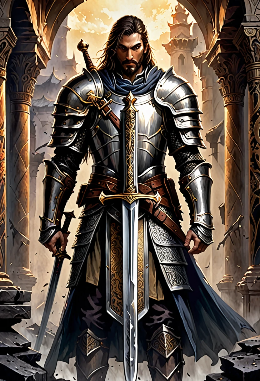 Imagine a tattoo on your arm, portraying a perjurer paladin. The design occupies the entire forearm, starting at the wrist and extending to the elbow. 

At the top, close to the elbow, is the paladin&#39;s face, half covered by helmet, with dark and empty eyes, betraying the corruption of your soul. Fine details show cracks in the helmet and an expression of sadness or anger. 

Down the arm, your full armor is detailed, with cracks and bloodstains. The right hand holds a broadsword, his blade decorated with broken symbols and shrouded in a dark aura. Shadows seem to move around the sword, reinforcing the idea of betrayal.

The background of the tattoo shows a scene of destruction, with ruins of a temple or a devastated battlefield. small details, like broken coats of arms or torn banners, add depth and story to the scene.

The art is done in a realistic style, with intense shading to give depth and a sinister touch, reflecting the decadence and betrayal of the perjurer paladin.