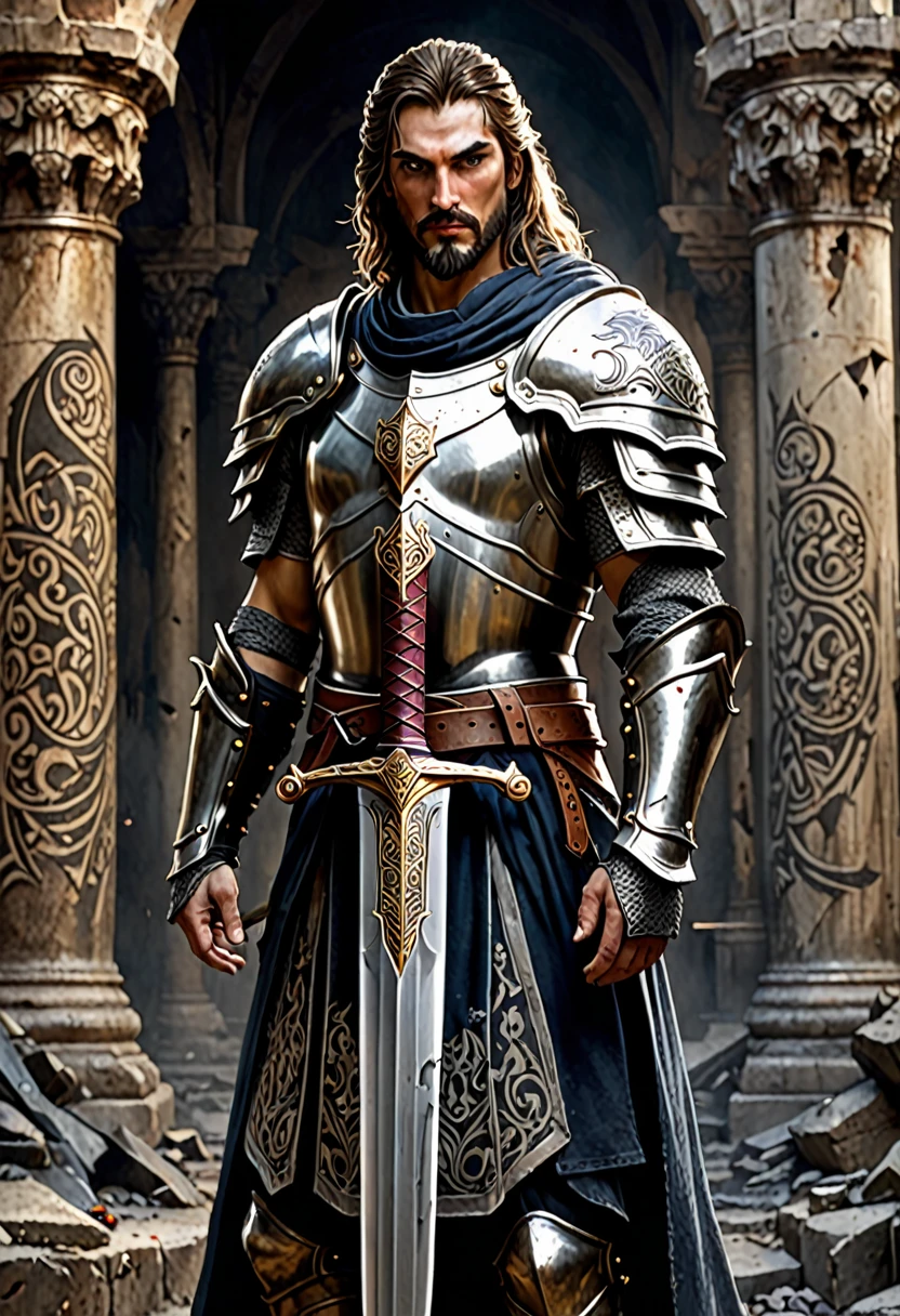 Imagine a tattoo on your arm, portraying a perjurer paladin. The design occupies the entire forearm, starting at the wrist and extending to the elbow.
At the top, close to the elbow, is the paladin's face, half covered by helmet, with dark and empty eyes, betraying the corruption of your soul. Fine details show cracks in the helmet and an expression of sadness or anger.
Down the arm, your full armor is detailed, with cracks and bloodstains. The right hand holds a broadsword, his blade decorated with broken symbols and shrouded in a dark aura. Shadows seem to move around the sword, reinforcing the idea of betrayal.
The background of the tattoo shows a scene of destruction, with ruins of a temple or a devastated battlefield. small details, like broken coats of arms or torn banners, add depth and story to the scene.
The art is done in a realistic style, with intense shading to give depth and a sinister touch, reflecting the decadence and betrayal of the perjurer paladin.