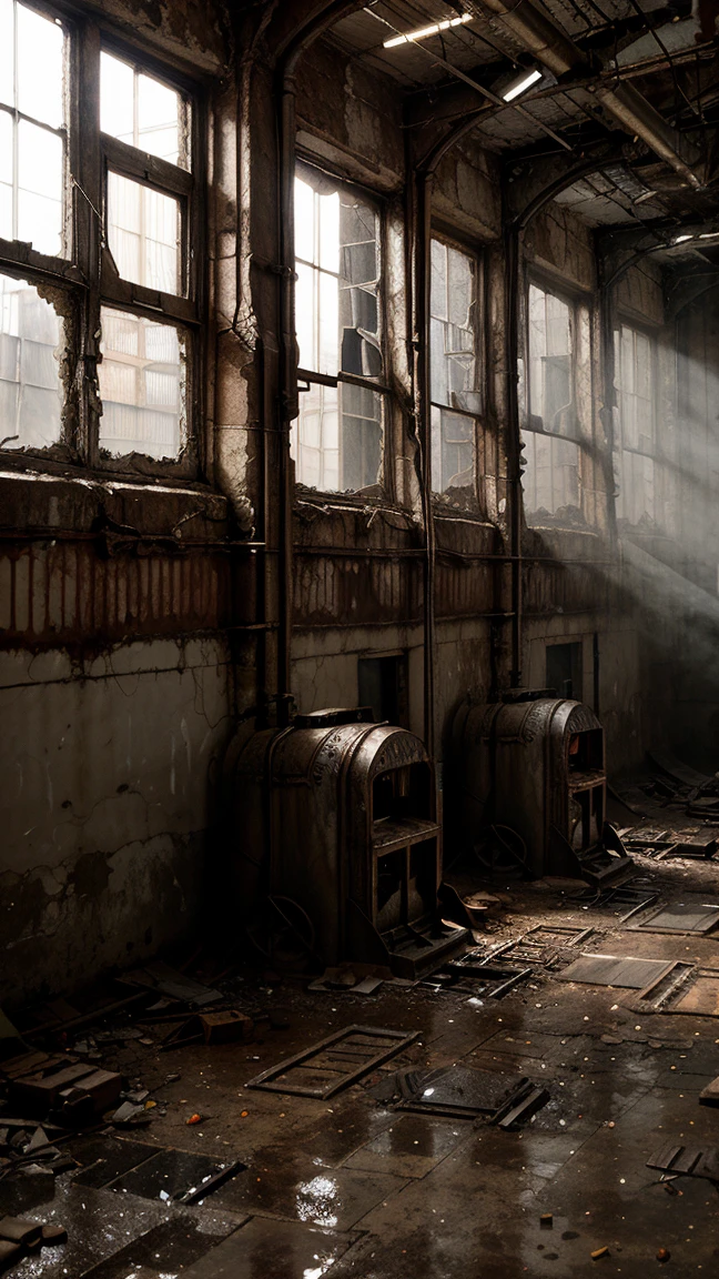 Disused factory, old and rusty machinery, fallen ceilings, dust and cobwebs in every corner, broken and dirty windows