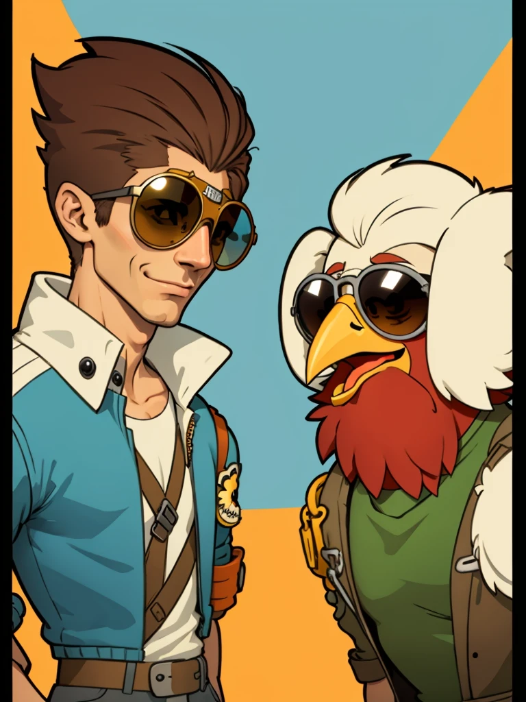 a cartoon chicken wearing aviator sunglasses and a flight jacket, stylized like retro 80's coloring