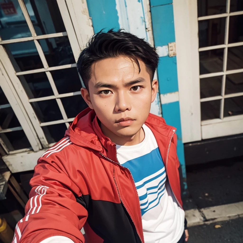 an Indonesian man wearing a jacket and standing straight facing the front. The photo was taken from a front position, urban background, the image looks like it was taken by a professional photographer.