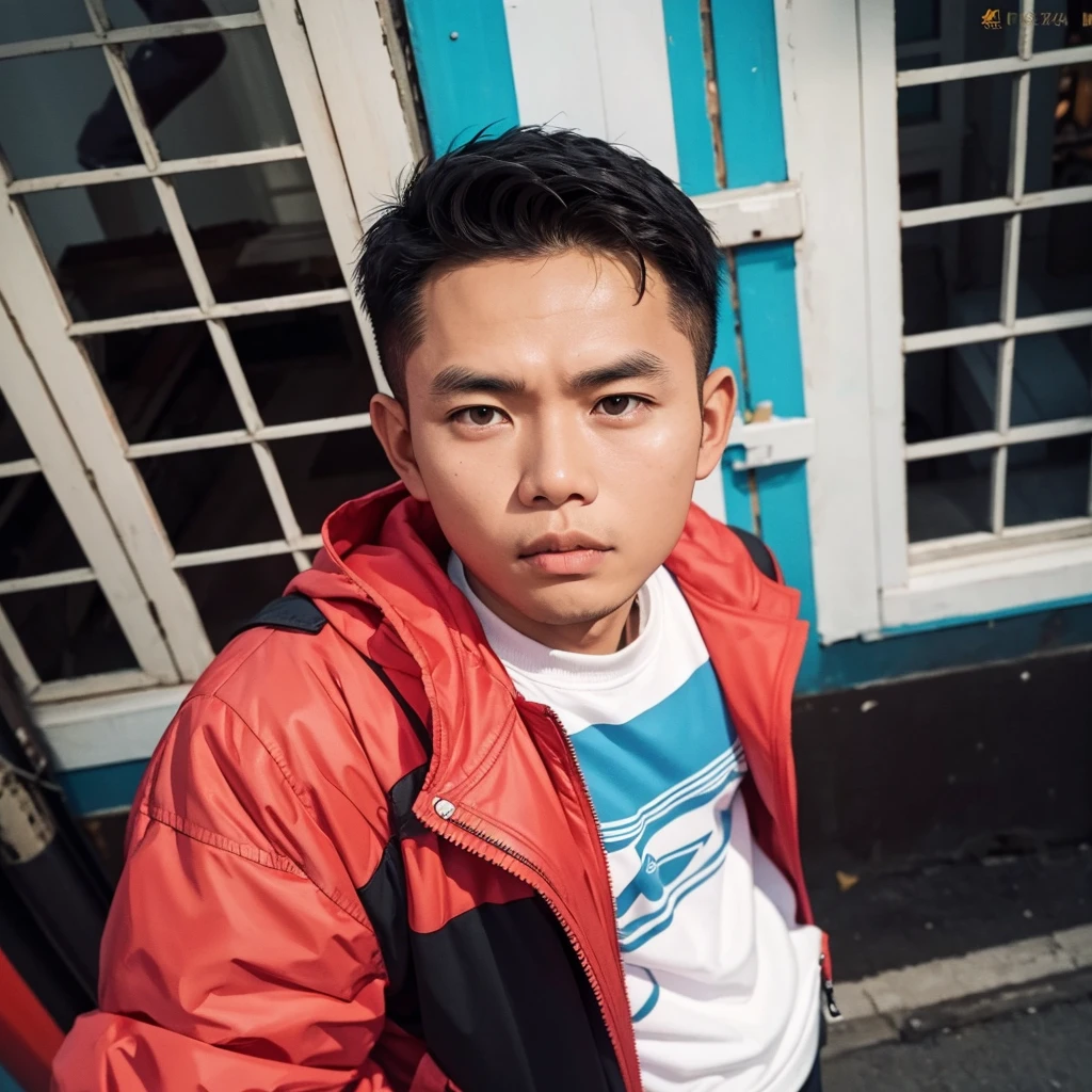 an Indonesian man wearing a jacket and standing straight facing the front. The photo was taken from a front position, urban background, the image looks like it was taken by a professional photographer.