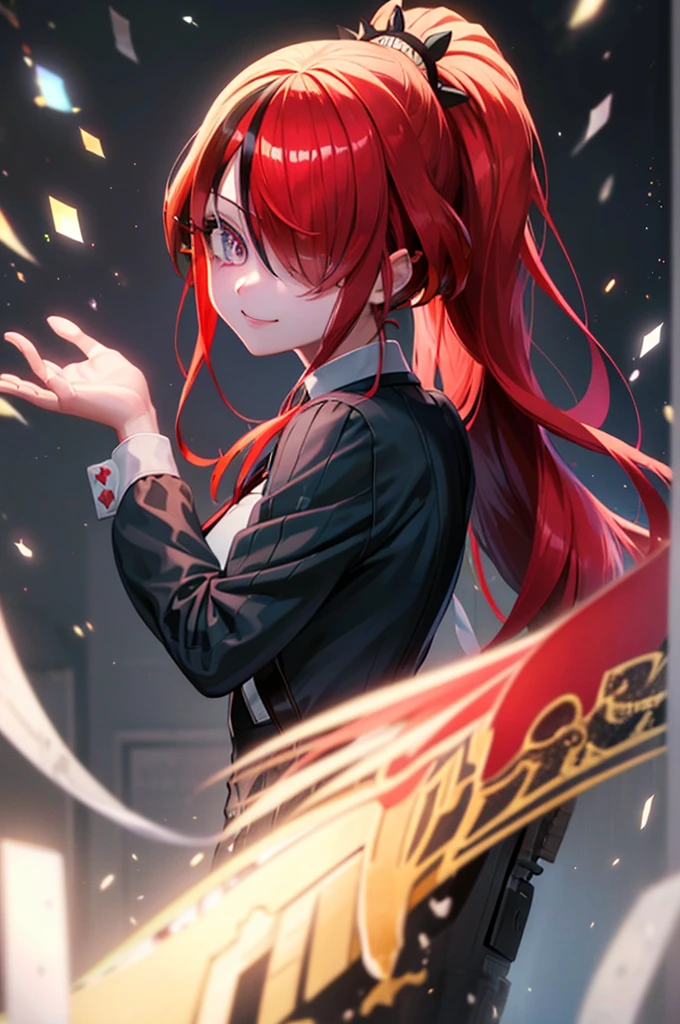 Layne Patterson（Nijisanji）,ponytail,Red Hair,One eye is hidden,Grey Eyes,Black Ribbon,Medium chest,beautiful,smile, whole body,BREAK (masterpiece:1.2), highest quality, High resolution, unity 8k wallpaper, (shape:0.8), (Beautiful and beautiful eyes:1.6), Highly detailed face, Perfect lighting, Highly detailed CG, (Perfect hands, Perfect Anatomy),