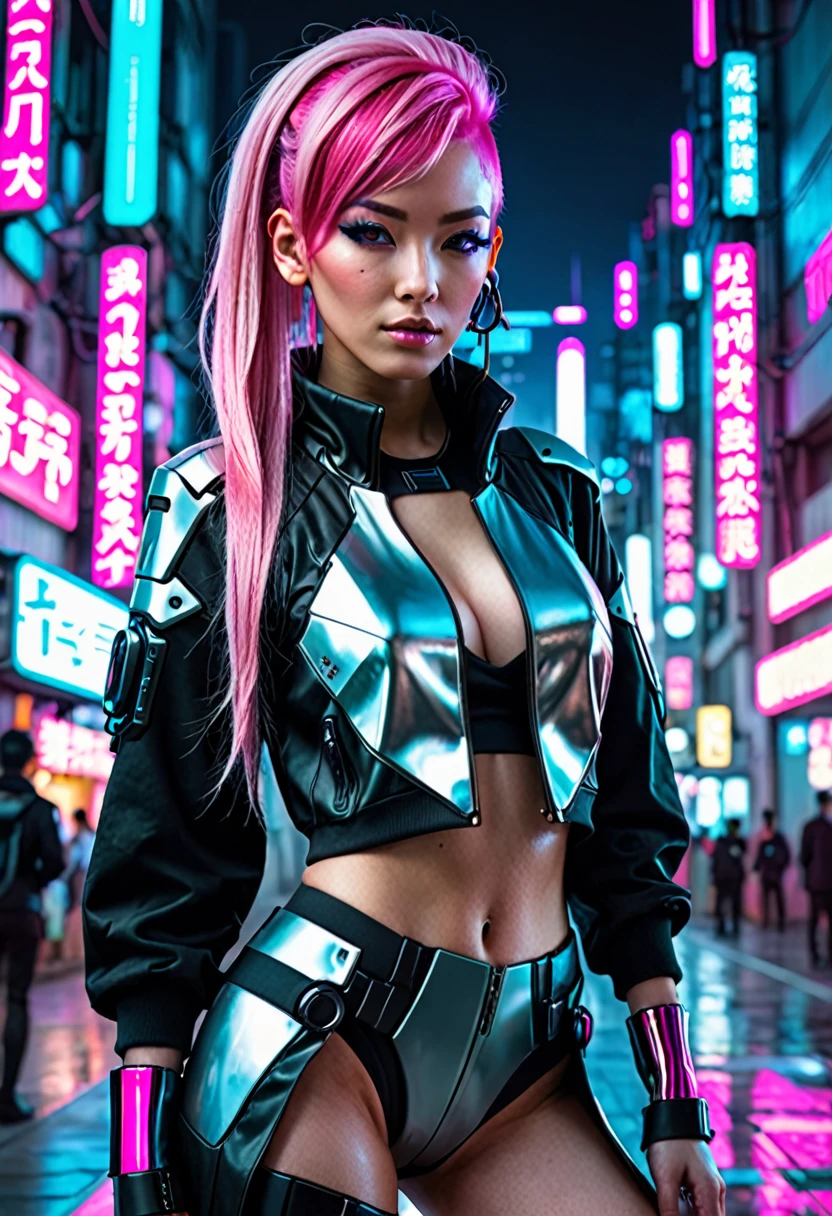 Cyberpunk cityscape、Dressed in futuristic clothing、A beautiful woman with pink hair is looking at me like a model.。