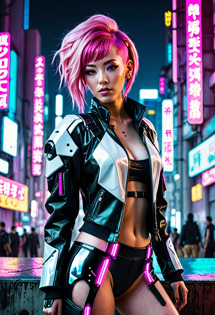 Cyberpunk cityscape、Dressed in futuristic clothing、A beautiful woman with pink hair is looking at me like a model.。