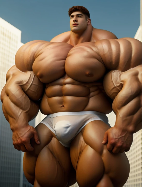 1boy, giant, alone, giant bodybuilder, illuminating light, strong body, bulk, large size, standing, with panoramic background, outdoor, nude, white triangular underwear, thick bulge, scratch his bulge, extraordinary big, brutalmass, giant muscular body, bulk, buff, massive body, large meaty body size, extremely wide body