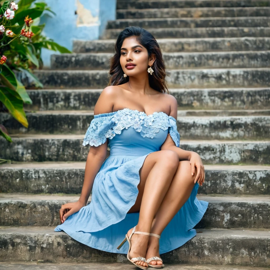 one pretty Woman sitting on steps with legs crossed wearing a light blue off shoulder cotton frock with flowers designed on it she has big boobs and hot body, in a background of Srilanka