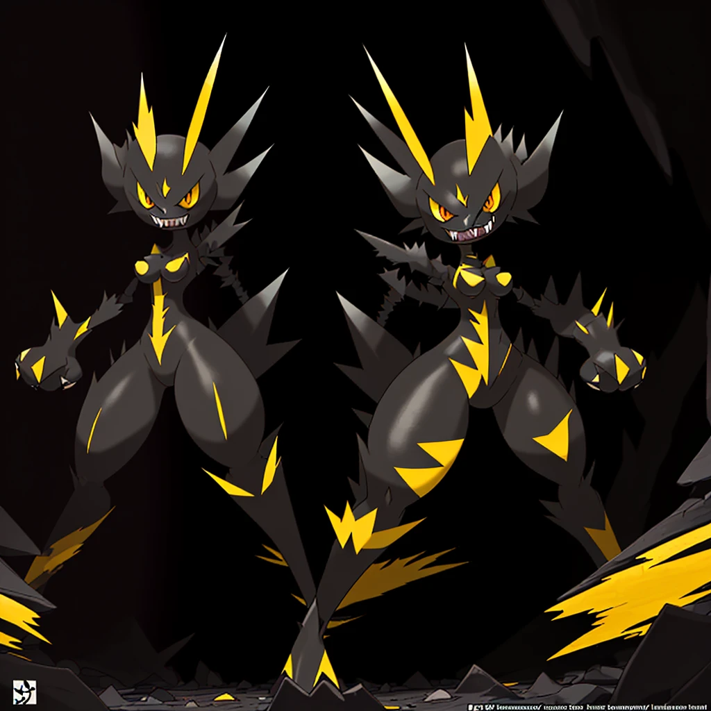 pokemon, evolved, Yellow eyes, Sharp teeth, legendary, rocky looking, skin colored underneath, black with yellow on top, black stripes on the upper part of the body, pointed tail, arms with thorns, thick thighs, long legs, alone standing in the middle of a forest, female