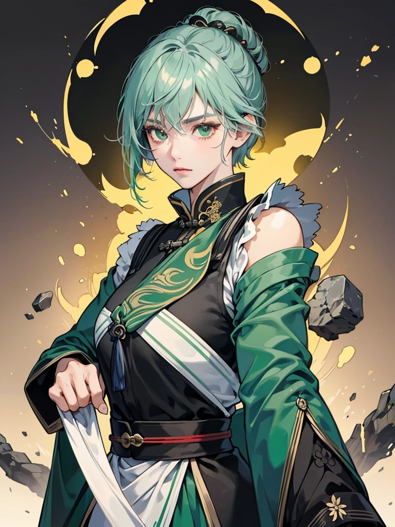 Masterpiece, Best quality, 1 Female, Mature Woman, Elder Sister, Royal Sister, Cold Face, strong, green eyes, short hair, smoky color hair, resolute eyes, simple white Taoist Taoist uniform, black accessories, sarashi, one shoulderancient, Chinese mix morden, blank background, remove background