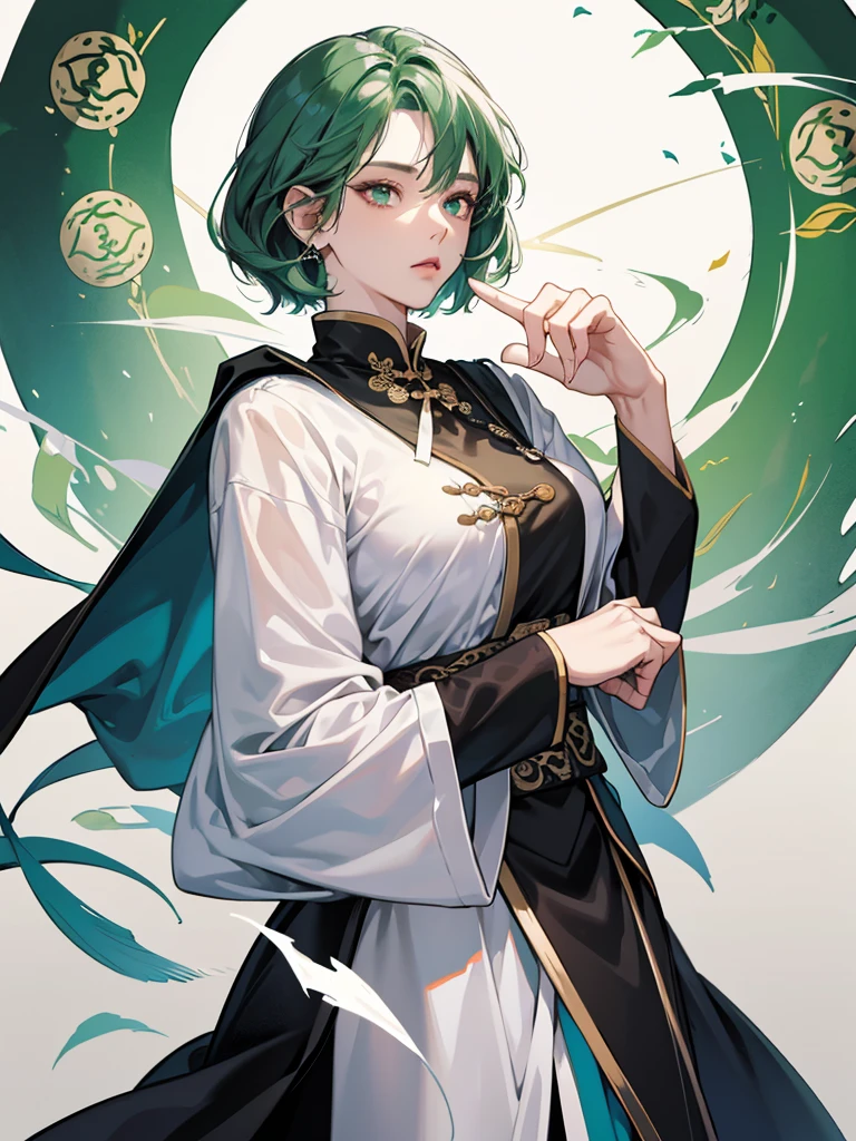 Masterpiece, Best quality, 1 Female, Mature Woman, Elder Sister, Royal Sister, Cold Face, strong, green eyes, short hair, smoky color hair, resolute eyes, simple white Taoist Taoist uniform, black accessories, sarashi, one shoulderancient, Chinese mix morden, blank background, remove background