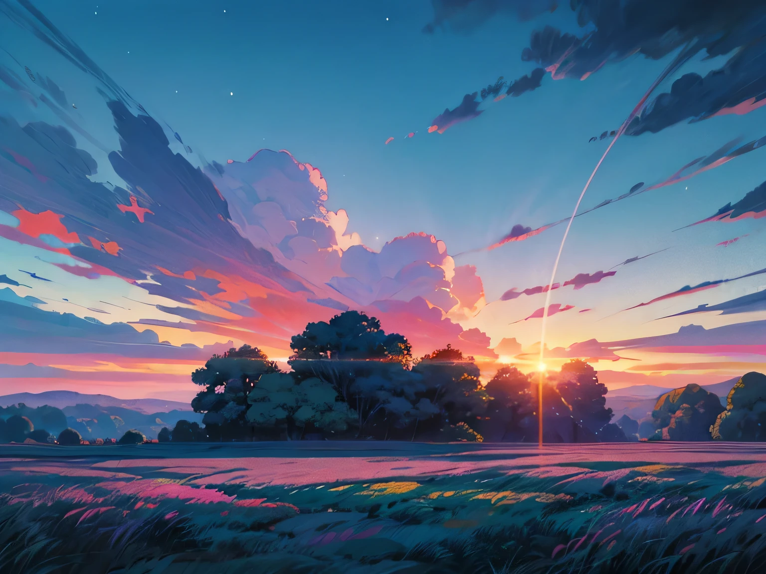 Milky Way, (sunlight:1), a serene landscape with a pink and blue sky, cute and whimsical in style, reminiscent of the works of Studio Ghibli, with a starry night sky overhead, highly detailed, 4k, masterpiece, photorealistic, NOT HUMAN, pink atmosphere, field, cloud and star, very aesthetic, no humans, landscape, colorful, wallpaper, professional illustration, anime
