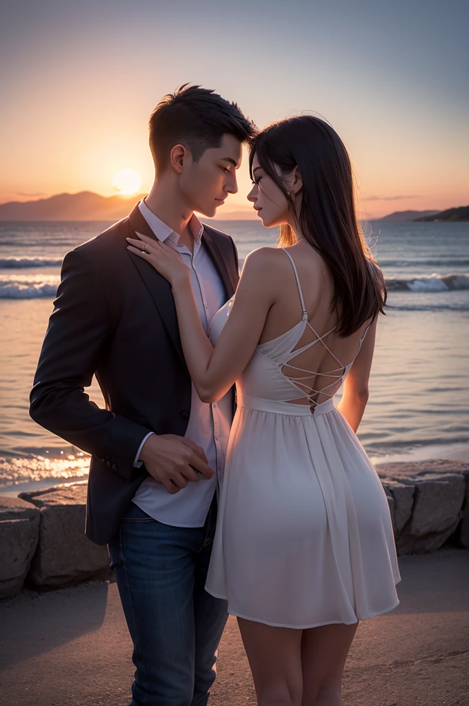 romance book cover, a digital love, sharp, couple with their backs to each other looking at their cell phone, in the background a landscape with the sunset, sharp, In 4k