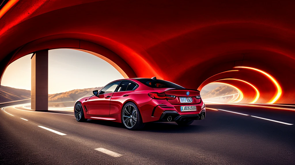 create for me an image of a red luxury BMW car moving inside a tunnel of intense dark and colored lights with rear view