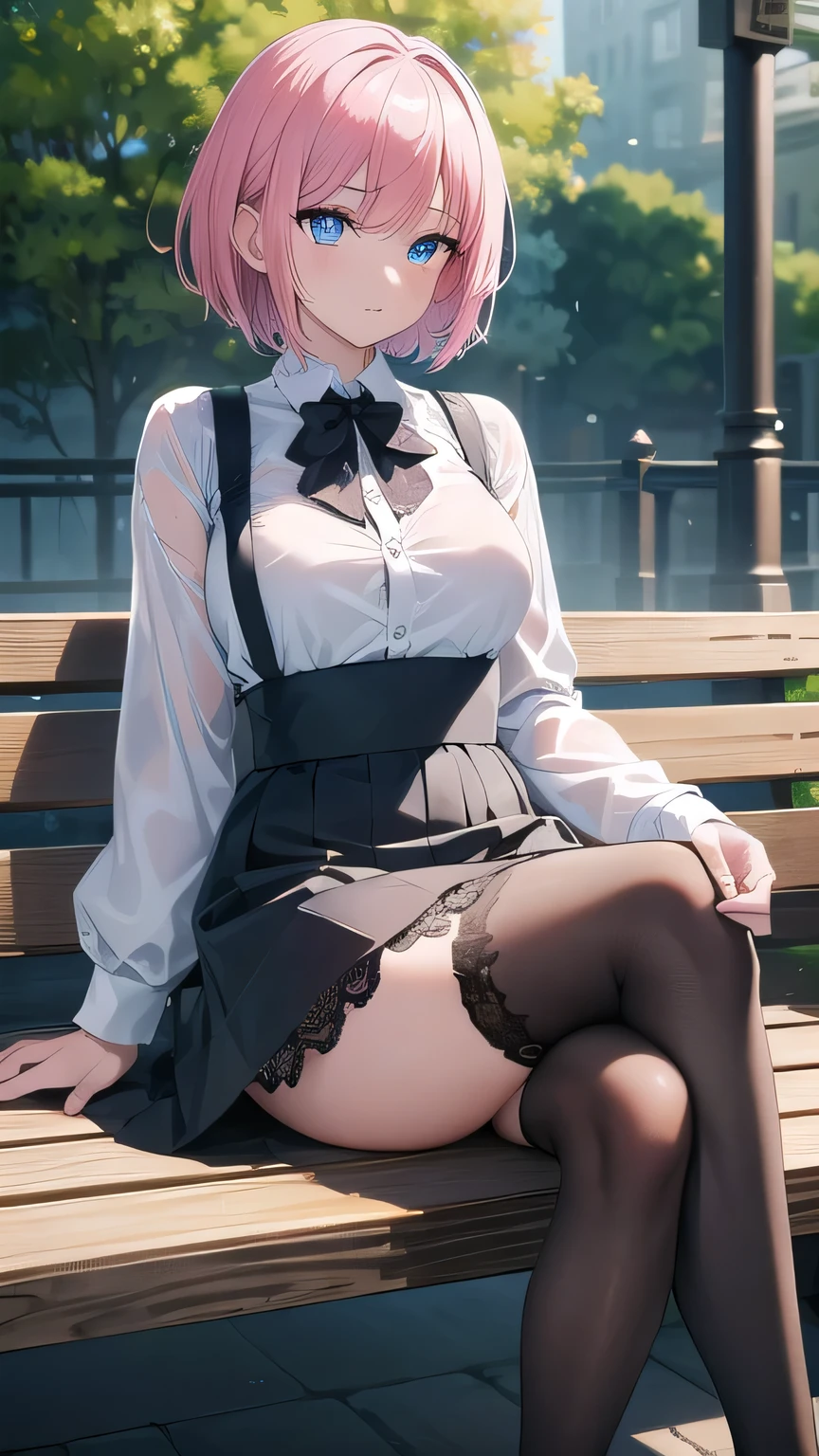 Masterpiece, top quality, best quality, official art, beautiful and aesthetic, anime, 1girl,extremely detailed, colorful, more detailed ((ultra-detailed)), (highly detailed CG illustration),Best Quality, High resolution, Unity 8k Wallpaper, (Illustration:0.8), (Beautiful detailed eyes:1.6), extra detailed face, Perfect Lighting, extremely details CG, (Perfect hands, Perfect Anatomy),street,shops,evening,neonlight,short pink hair, buttons, blue eyes,white shirt,wet shirt,lace bra,lace panties, black skirt, high-waist skirt, black stockings, stocking suspenders, heels, from below, in middle of street, full body shot,sitting in bench, cross legs.