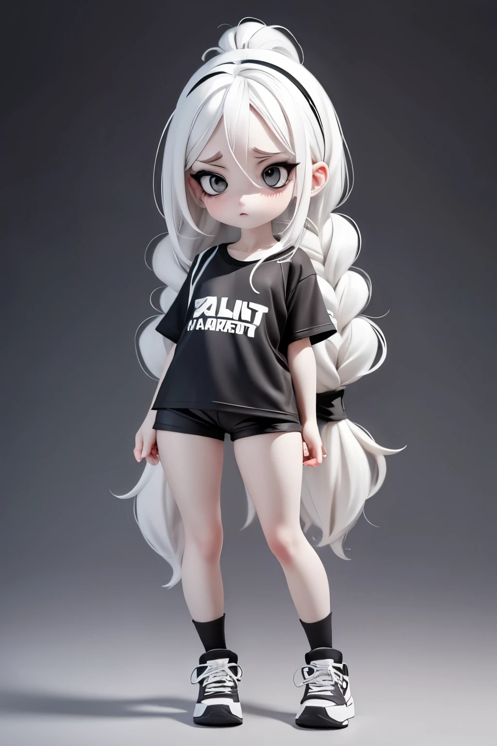 A girl, displaying cartoon, pale white skin, black eyes, long white hair tied up, wearing a black shirt, white shorts, black shoes, with a flat facial expression. 