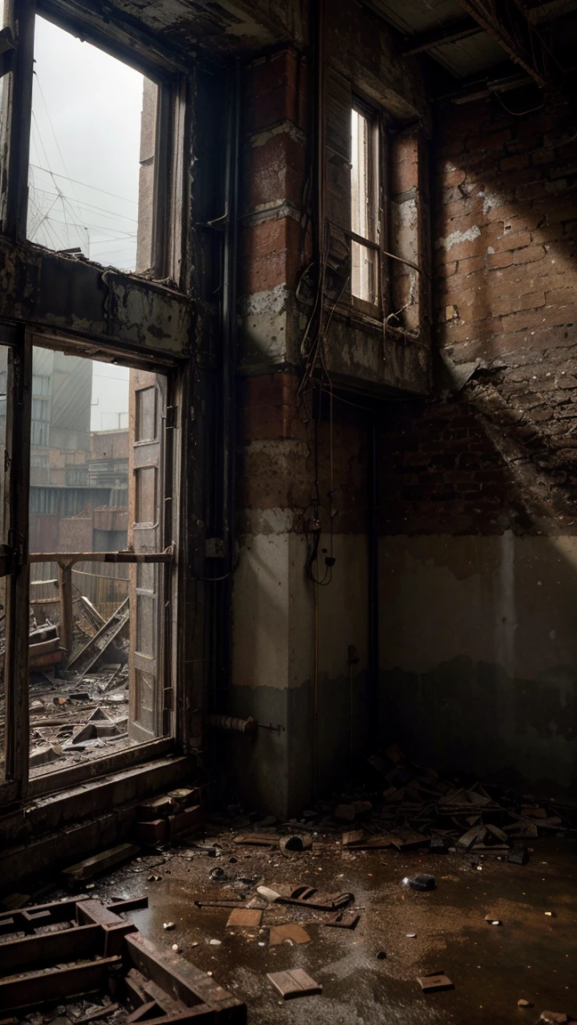 a dilapidated factory, ancient and rusted machinery, collapsed roofs, dust and cobwebs in every corner, broken and dirty windows, dramatic lighting, grungy, moody, cinematic, dramatic angles, high contrast, muted color palette, weathered textures, (best quality,4k,8k,highres,masterpiece:1.2),ultra-detailed,(realistic,photorealistic,photo-realistic:1.37)
