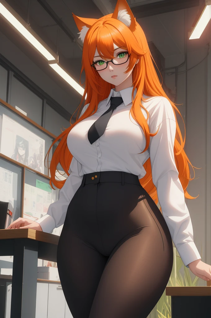 (masterpiece, Best quality), 8K, ultra detailed, realistic photo, Detailed face, perfect lighting, green eyes, bright orange hair, bright hair, fox ears, nice legs, side photo, beautiful, Cute, skin pores, 1 girl, perfect shirt, fully dressed, beautiful women 30 years old, Beautiful proportions, Russian woman, Caucasian, European, Business lady, stunningly beautiful woman, mother, thick legs, show ass, big breasts, (Thin white shirt:1.4), thick, hot, (White Office Wear:1.4), tight pants, (wide hips:1.2), thick, (white Office pants:1.3), spread your legs, Legs open, full length, wide hips, Glasses, with long orange hair, standing on the beach near the ocean, green eyes detailed digital anime art, cat ear, anime girl with long hair, гладкое аниме cg art, anime girl with long hair, digital anime art, work in Guweiz style, Beautiful anime portrait, Photorealistic render of an anime girl, pantyhose, Beautiful anime girl, advanced digital anime art, guweiz на artstation pixiv HD UHD HQ