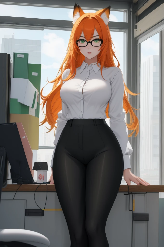 (masterpiece, Best quality), 8K, ultra detailed, realistic photo, Detailed face, perfect lighting, green eyes, bright orange hair, bright hair, fox ears, nice legs, side photo, beautiful, Cute, skin pores, 1 girl, perfect shirt, fully dressed, beautiful women 30 years old, Beautiful proportions, Russian woman, Caucasian, European, Business lady, stunningly beautiful woman, mother, thick legs, show ass, big breasts, (Thin white shirt:1.4), thick, hot, (White Office Wear:1.4), tight pants, (wide hips:1.2), thick, (white Office pants:1.3), spread your legs, Legs open, full length, wide hips, Glasses, with long orange hair, standing on the beach near the ocean, green eyes detailed digital anime art, cat ear, anime girl with long hair, гладкое аниме cg art, anime girl with long hair, digital anime art, work in Guweiz style, Beautiful anime portrait, Photorealistic render of an anime girl, pantyhose, Beautiful anime girl, advanced digital anime art, guweiz на artstation pixiv HD UHD HQ