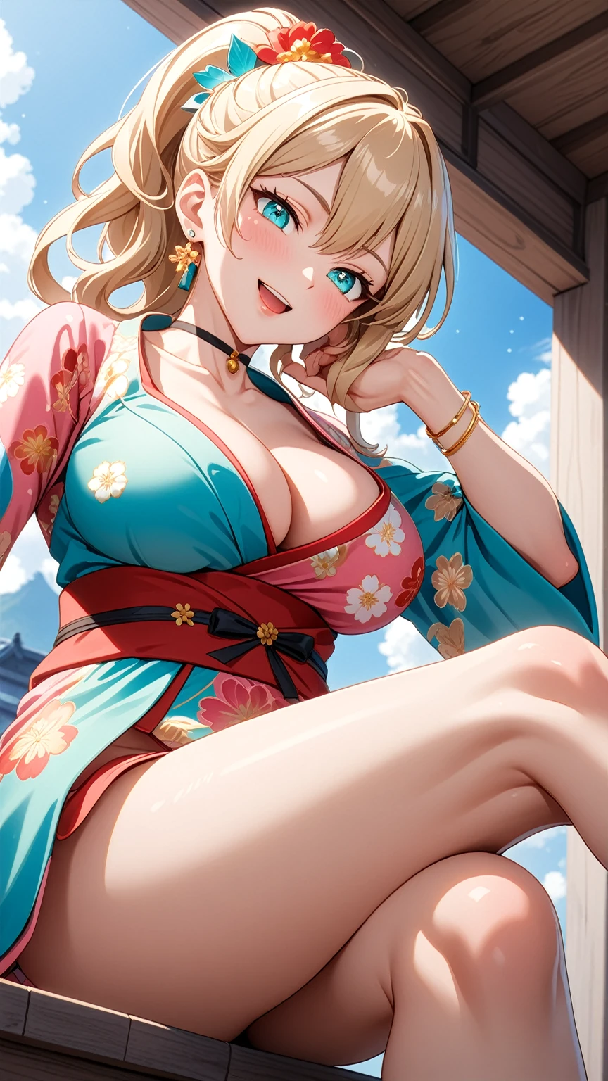 ((One personの女性)), Beautiful Face,(Laughing embarrassedly), (naughty face:1.2), (Wink:1.9), (head tilt:1.3), Laughing with your mouth open, upper teeth, ((Bright red cheeks:1.4)),Glossy pink lips, ((crossed legs:1.3)), ((foot focus)), ((panty shot:1.1)), looking down at viewer,Touching hair with hands,looking at viewer,Shining Face, rooftop, Festival decorations, firework, ((Anime style background)),masterpiece, Highest quality, so beautiful,up to date, Complex details, (Pink long nails),(ring),(bracelet),(choker),AI-generated, Complex,High resolution, Highest quality, super high quality,3D Images、3D Images,One person,Long blonde hair,ponytail, wavy hair ,Anime woman posing for a photo, ((Fine grain、Turquoise Eyes、Shining Eyes:1.3)), (Squint your eyes:1.1),a hyperRealistic , hyperRealistic , Realistic,Anime woman with long white hair, Smooth anime CG art, A woman in a colorful kimono with gold embroidery, (Pink long sleeve kimono),Red floral pattern,Long flower hair ornament,Earrings,Mature Body,(Big Breasts:1.1),Tall,Abdominal muscles,Tight waist,(Zoom up to face:1.1), ((from the side and slightly from below)),