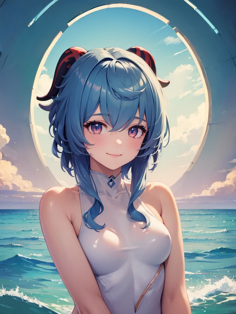 (masterpiece:1.5),(Beat quality),(high res),1girl solo,beautiful face,smile(shining eyes),upper body,light effects,White swimsuit ganyu,Ocean