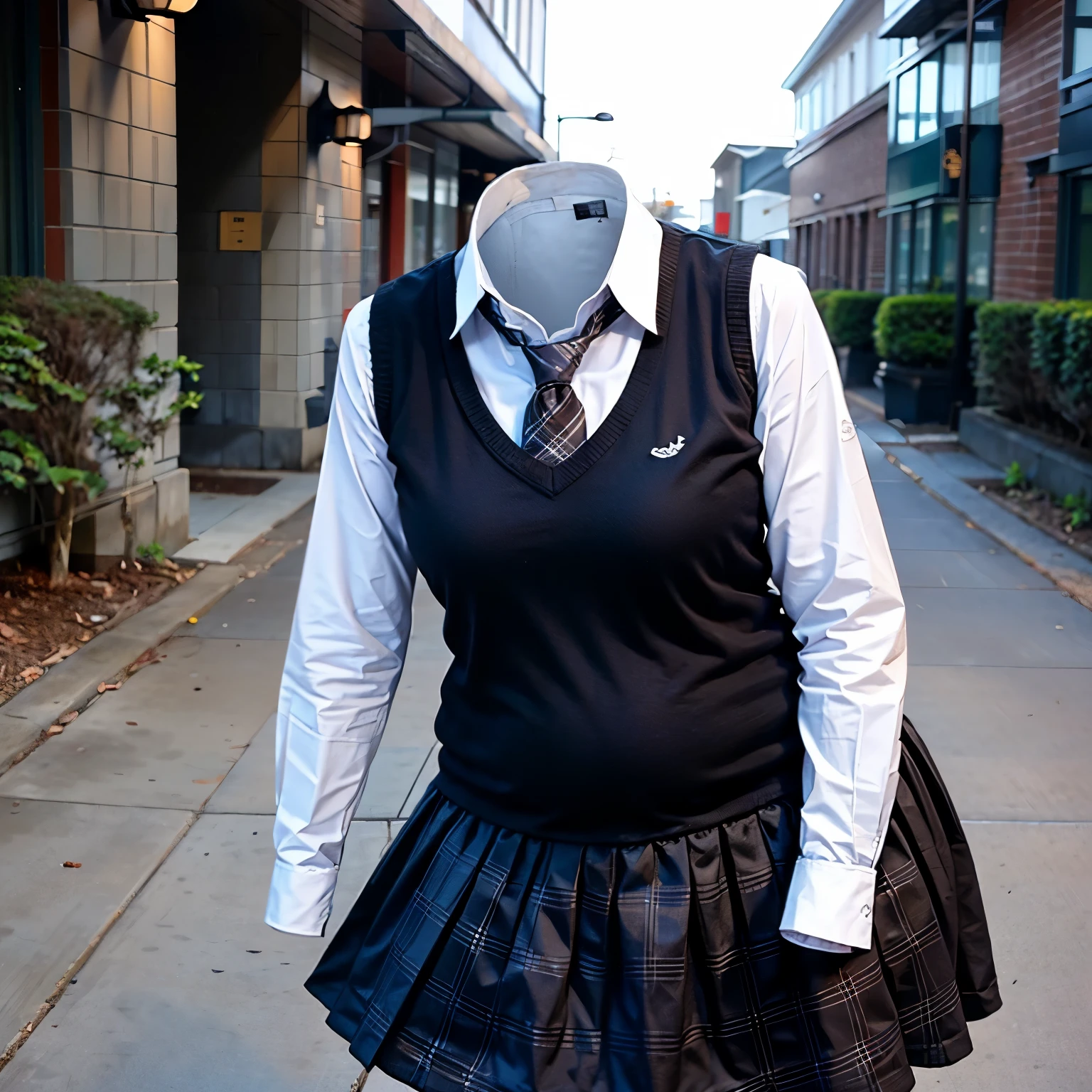 leaning forward, school blouse, sweater vest, stripe tie, plaid skirt, ((fat)), (invisible, no human, headless, handless:1.5)