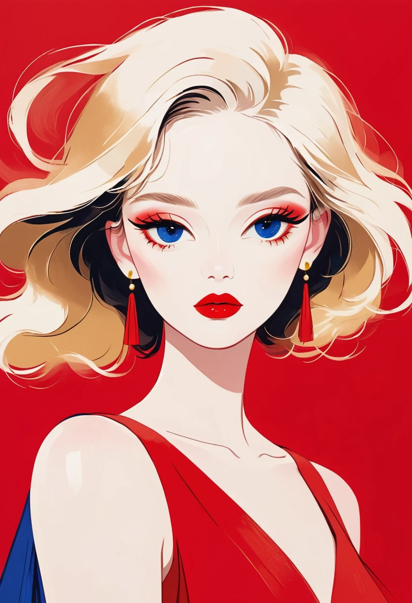 a flat illustration of a fashion girl, exaggerated pose,sapphire red vs gold cloth and hair,minimalist art,pure klein red background, in the style of suprematism ,elegant Shanghai woman,beautiful eyes,long eyelashes,red lips,random shots,smooth lines, pure white background, minimalist, ethereal Zen, high definition
