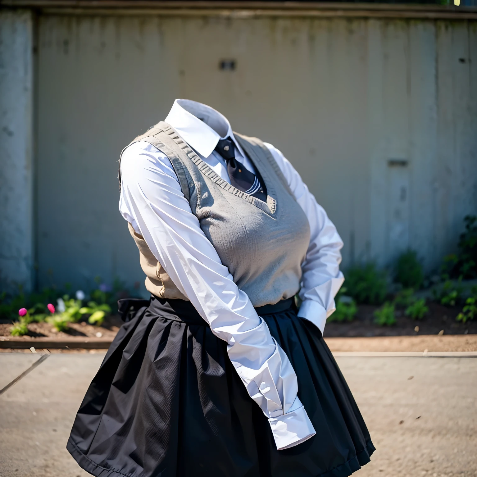 leaning forward, school blouse, sweater vest, stripe tie, plaid skirt, ((fat)), (invisible, no human, headless, handless:1.5)