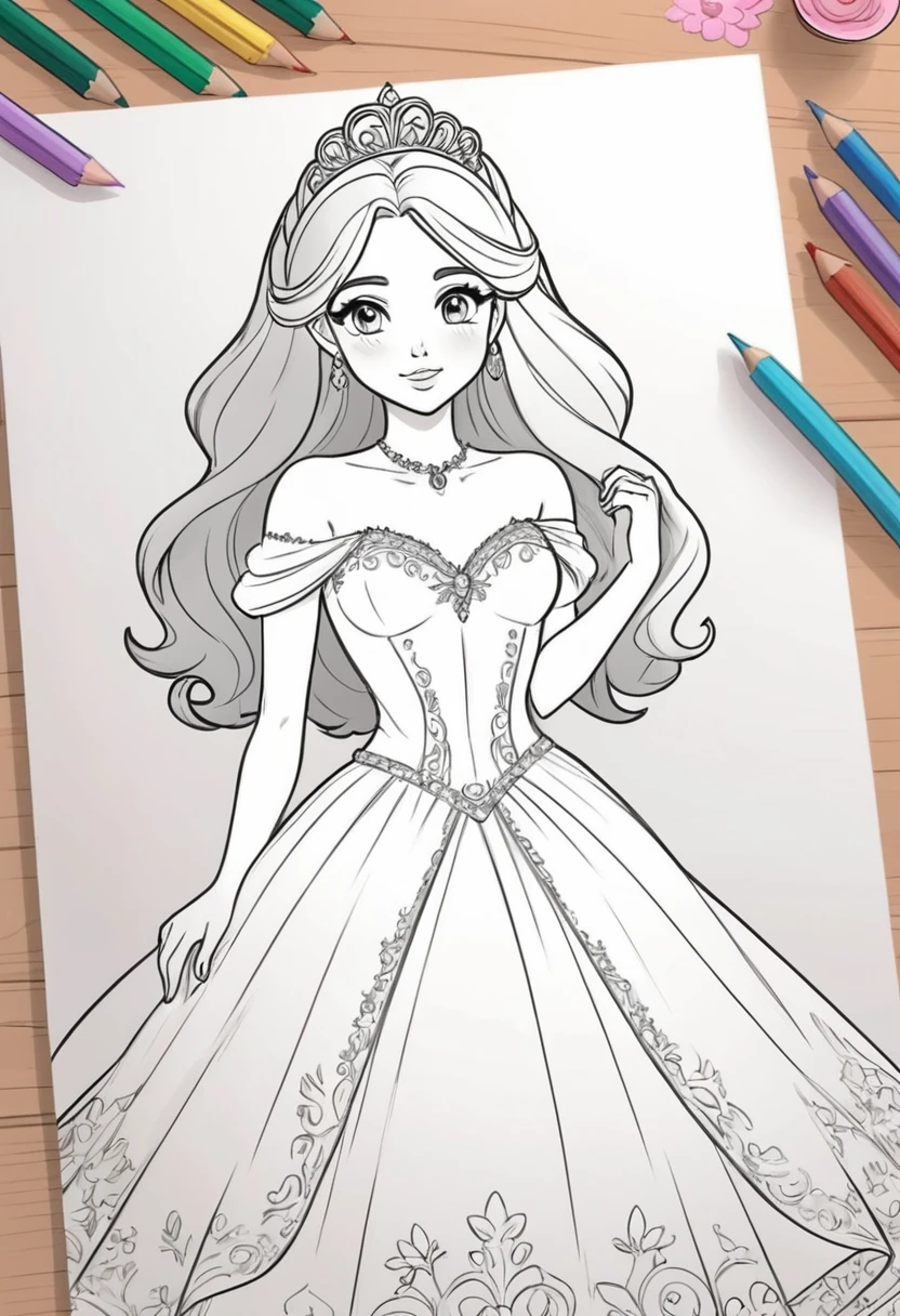 woman in princess style wedding dress, line art, cartoon character, 3d style, high quality, coloring book, hand drawn, line art