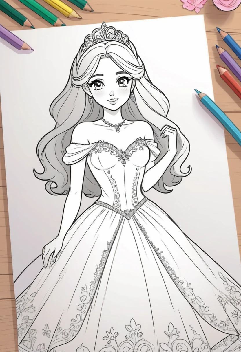 woman in princess style wedding dress, line art, cartoon character, 3d style, high quality, coloring book, hand drawn, line art