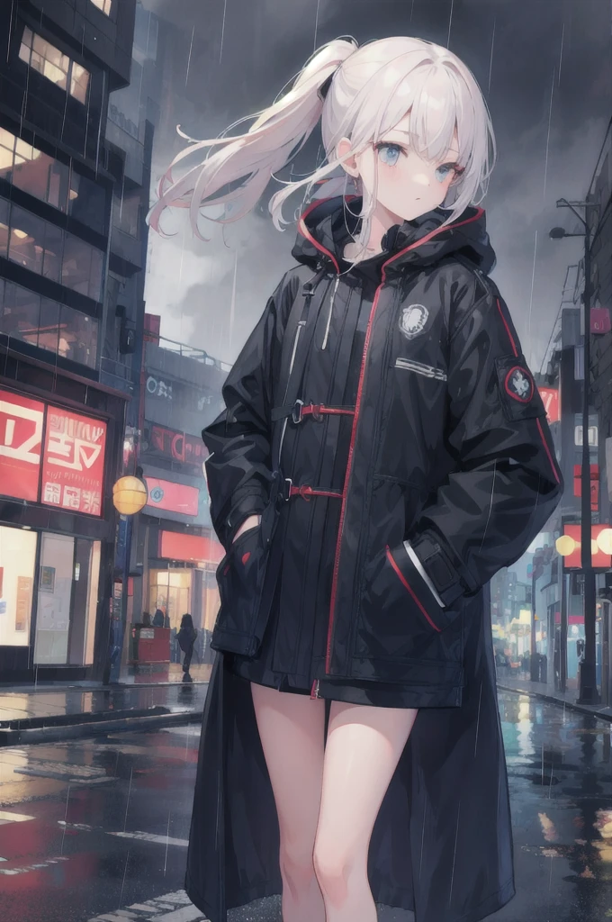1girl,night city,rain,coat,hands in pockets