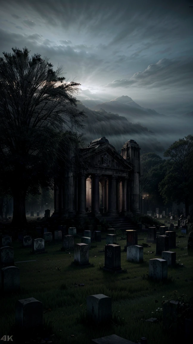 a forgotten cemetery, fallen and broken tombstones, open and empty mausoleums, dead vegetation, thick fog covering everything, dark and moody atmosphere, abandoned and decrepit, crumbling ruins, eerie and unsettling, desolate and haunting, gloomy and mysterious, (best quality,4k,8k,highres,masterpiece:1.2),ultra-detailed,(realistic,photorealistic,photo-realistic:1.37),dark tones,moody lighting,dramatic shadows,moody atmosphere,cinematic composition,highly detailed and intricate