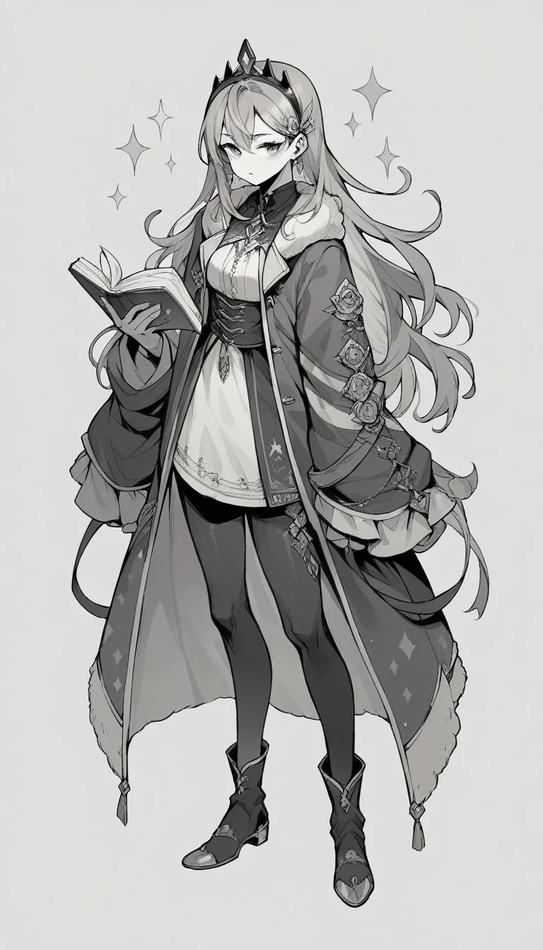 black and white, full body, live2D character, coloring book style