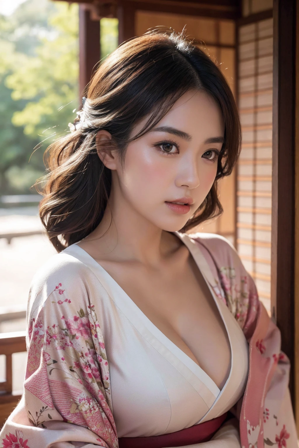 beautiful woman, large breasts, japanese, kimono, shrine, cinematic atmosphere, (best quality,4k,8k,highres,masterpiece:1.2),ultra-detailed,(realistic,photorealistic,photo-realistic:1.37),(looking at viewer),detailed facial features,extremely detailed eyes and face,beautiful detailed lips,longeyelashes,intricate pattern on kimono,natural lighting,warm color tones,depth of field