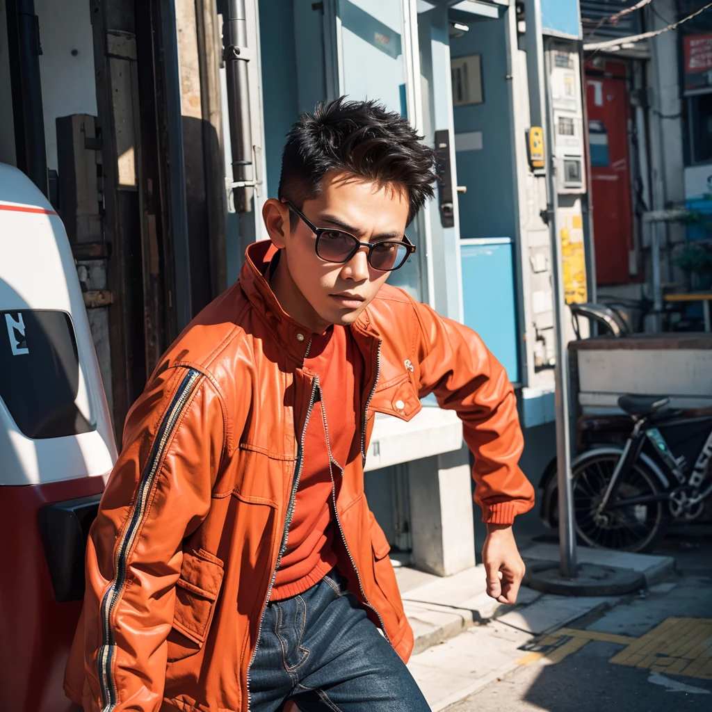 an Indonesian man wearing a jacket and standing straight facing the front. The photo was taken from a front position, urban background, the image looks like it was taken by a professional photographer.