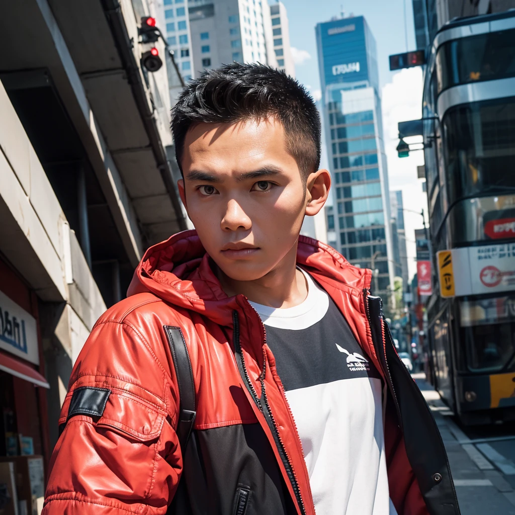 an Indonesian man wearing a jacket and standing straight facing the front. The photo was taken from a front position, urban background, the image looks like it was taken by a professional photographer.