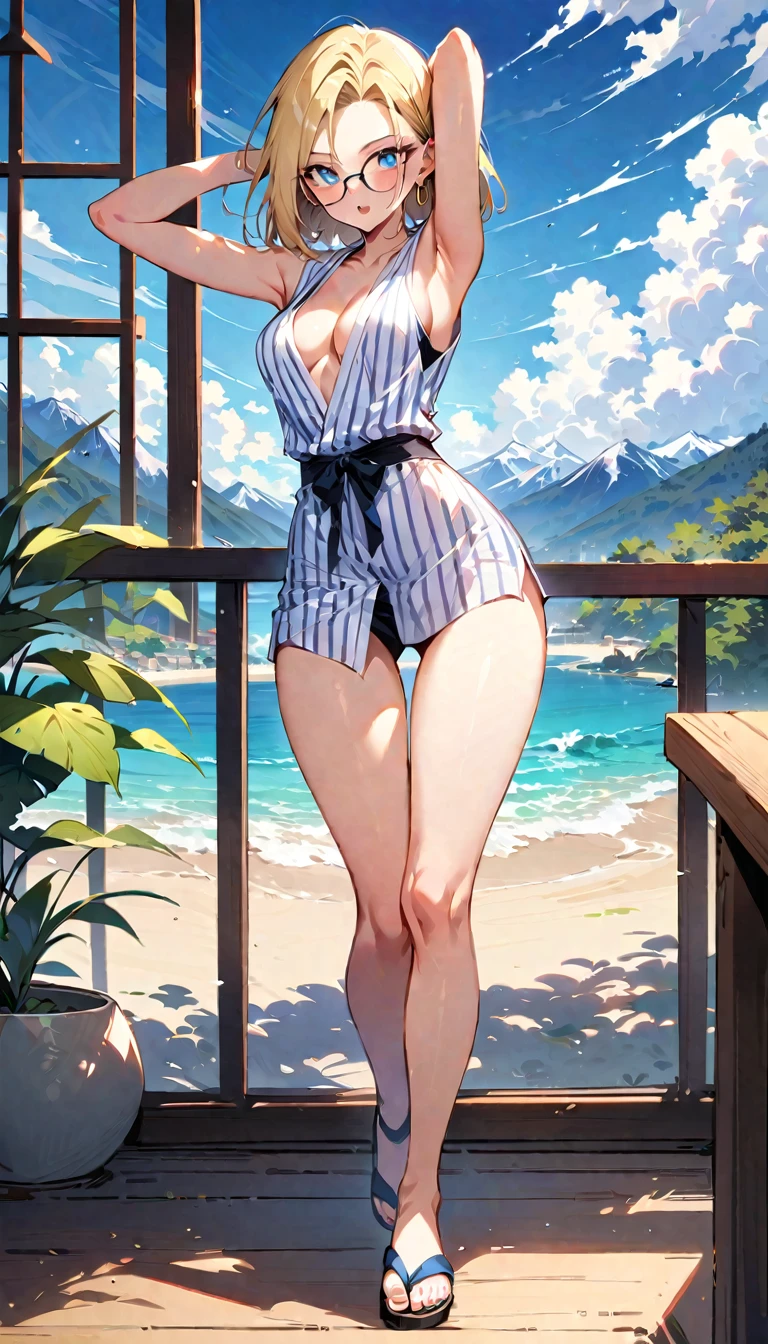 (masterpiece, best quality:1.2), full body, solo, Android 18 from Dragon Ball, ((white long stripe yukata, thigh gap)), small breasts, short blonde hair loose, ((blue eyes)), (wearing glasses), earrings on earlobes, slender feminine figure, skinny body, cleavage, light blush, chill, organized, simple, white-based interior, a few plants, cloudy sky, terrace, magnificent view, blur background, 4K, beautiful armpits, arms up behind, Japanese sandals, open mouth,